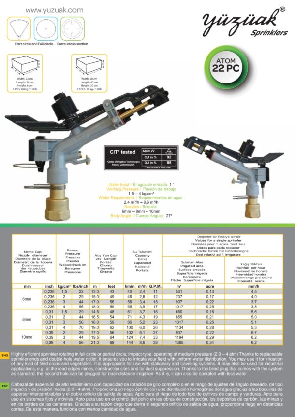 YUZUAK ATOM 22 Irrigation Sprinkler | Efficient Agricultural Sprinkler