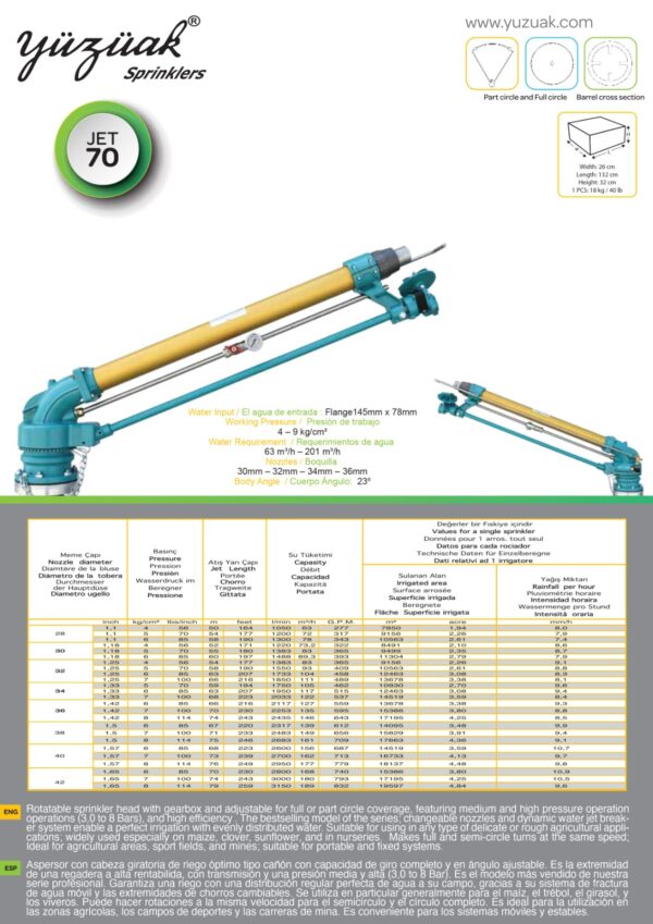 YUZUAK JET 70 Irrigation Sprinkler | High-Pressure Agricultural Sprinkler